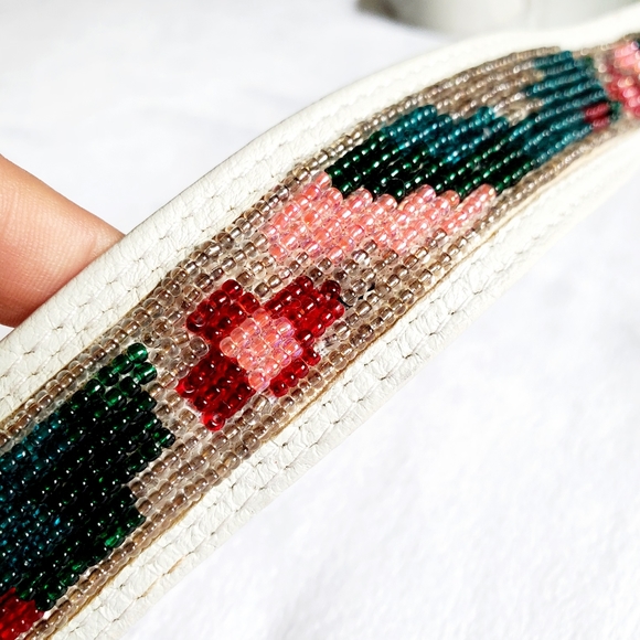 VINTAGE Beaded Leather Belt M light Mint Aqua boho - Picture 2 of 7